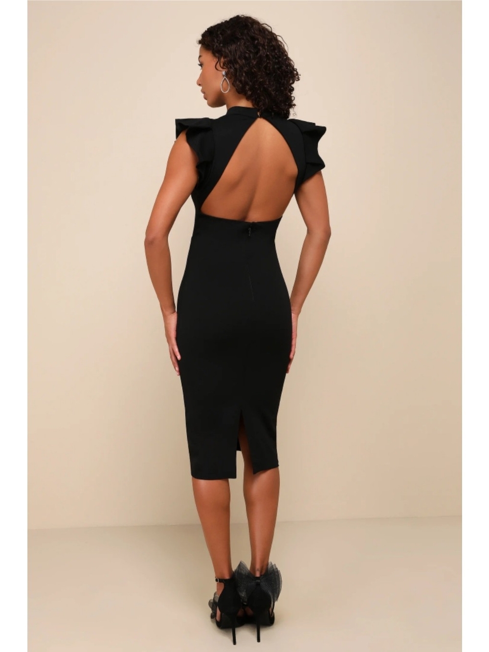 Lulus Black Ponte Knit Bodycon Midi Dress XS Open Back Ruffle Sleeve NWT